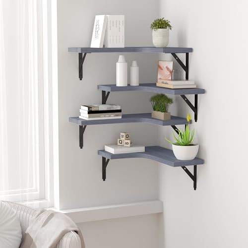 ROMGUAR CRAFT Corner Floating Shelves Wall Mounted Set of 4, Grey - color: Grey