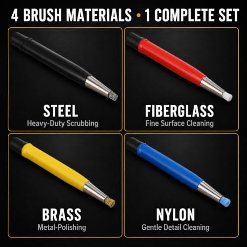 4 Piece Fiberglass Scratch Brush Pen Set with Steel, Brass, Nylon Tips