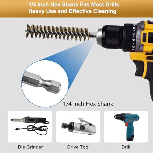 12Pcs Stainless Steel Bore Brush Set,Setwire Brush for Drill, with 8mm-19mmAbrasive Wire Brush , Rust Remover and Pipe Cleaner for Metal Surfaces with 1/4" Hex Shank - style: Brass