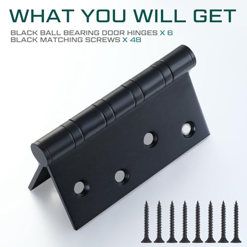 6 Pack Black 4'' Ball Bearing Door Hinges, 4 x 4 Inch Exterior Door Hinge - color: Black