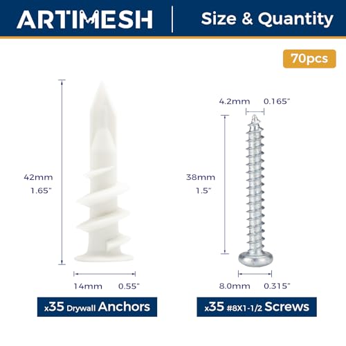 8# 70PCs Self Drilling Drywall Anchors Kit - 75LBs Heavy Duty Plastic Drywall Hangers with 35 Self-Tapping Screws - Mounting Hardware for Sheetrock Anchors