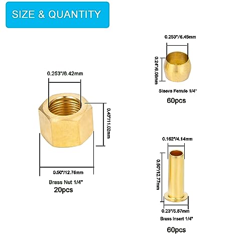 140PCS 1/4 Inch Compression Fittings Assortment kit- 60 Brass Compression Sleeve Ferrule, 60 Brass Insert & 20 Nuts - Used to Connect Lines for air,Water,Fuel,Oil and inert Gases - size: 140 pcs, 1/4"