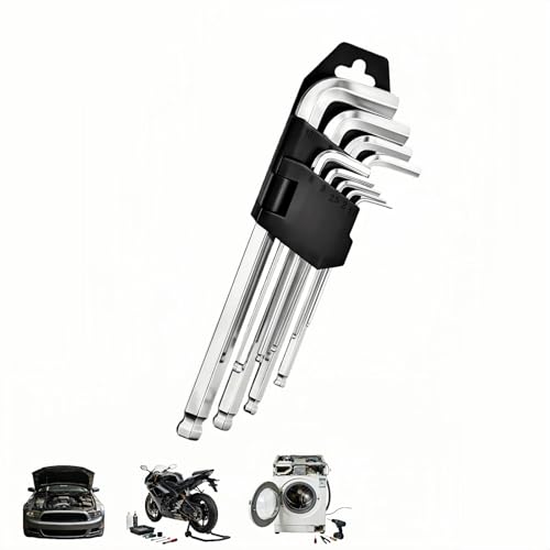 Professional 9-Piece Ball End Hex Key Set, Chrome Vanadium Steel L-Wrenches, 1.5-10mm Metric Sizes, Industrial-Grade with Storage Case for Automotive, Motorcycle, DIY Repair (L) - size: L