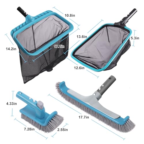 Sepetrel 4-Piece Pool Cleaning Kit, 17.5" Curved Wall Brush, Rotatable Hand Scrubber, Deep Bag Leaf Rake and Flat Skimmer Net (Pole Not Included) for Above Ground and Inground Pools - size: Plastic Frame Rake(No Pole)