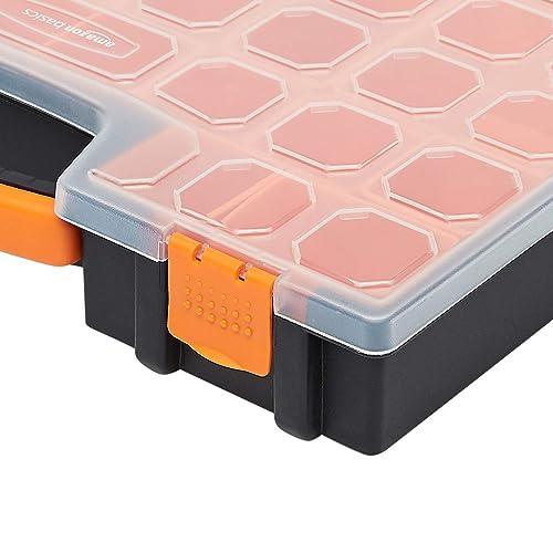 Amazon Basics 19-Removable Compartment Small Parts Organizer, Portable Hardware Storage Box with Customizable Compartments, Black, Orange, 16.5 x 13.2 x 2.4 inches