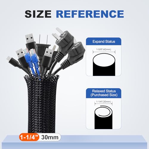 1-1/4" Cable Management Loom Wrap Sleeve Cord Wire Hider Organizer Covers - size: 1-1/4"-8ft