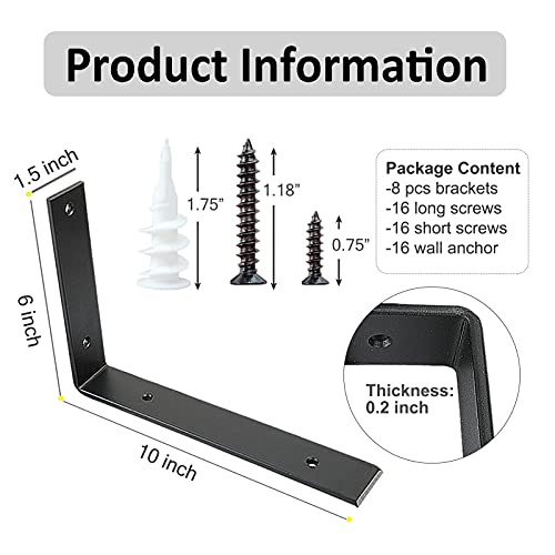 Shelf Brackets 10 Inch Wall L Brackets 8PCS Heavy Duty for Shelves Metal Black Rustic Industrial Brackets for DIY Opening Shelves Project Hardware Included - size: 10 Inch, style: Black-8 Pack