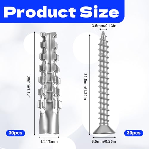 60 Pcs M6 Metal Anchors with Screws, Tree Shaped Steel Hollow Wall Anchor Metal Expansion Anchors for Drywall Expansion Bolt for Drywall Loose Hinge Hole Repair Kit for Concrete and Plaster Wall