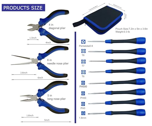 Precision Repair Tool Set, 12-Piece Craftsman & Miniature Tool Kit with Small Screwdrivers, Mini Pliers, Demagnetizer, Small Tool Kit for Phone, Laptop, Jewelry Repair, Includes Compact Storage Pouch