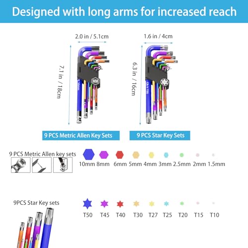 18 PCS Hex Key Set, Color-Coded, Chrome Vanadium Steel, Industrial Grade, T10-T50 - size: 18PCS Set