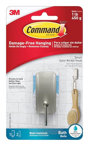 Command Small Satin Nickel Bath Hooks, 1 Hook, 2 Strips - color: Satin Nickel, size: Small (1 Count)