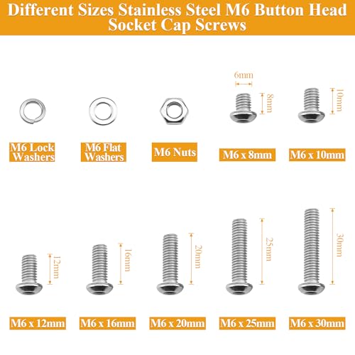 151 Pieces M6 Screws Nuts Washers Set, Sutemribor M6 x 8/10/12/16/20/25/30mm Button Head Socket Cap Screws Nuts Washers Assortment Kit, 304 Stainless Steel, Fully Threaded - size: M6, style: Button Head Socket Cap