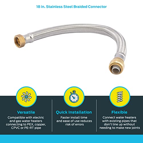 SharkBite 3/4 Inch x 3/4 Inch FIP x 18 Inch Stainless Steel Braided Flexible Water Heater Connector, Push To Connect Brass Plumbing Fitting, PEX Pipe, Copper, CPVC, PE-RT, HDPE, U3088FLEX18LF - size: 18 in, style: SharkBite
