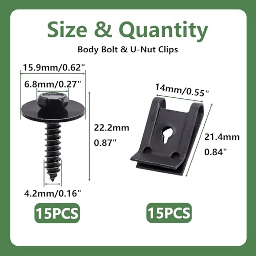 30Pcs M4.2 Automotive Body Bolt & U-Nut Clips Kit, Multipurpose Fender Bolts Body Fastener Clips for Most Cars Bumper Engine Splash Shield - color: Black-M4.2