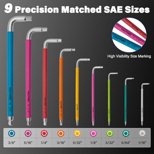 HAUTMEC SAE Allen Wrenches Sets with Ball End, 9PCS Extra Long Arm Hex Key Set, Heavy-Duty S2 Steel Pro Allen Key Set, 1/16" to 3/8", Color Coded Sleeve with Belt Loop Pouch for Professional Mechanics - style: 9PCS(SAE)