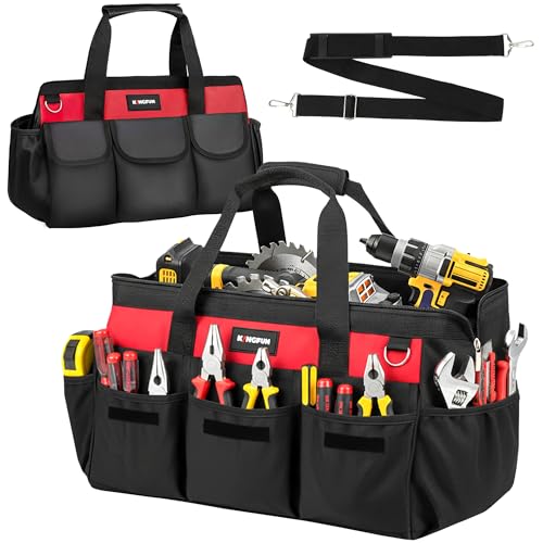 Kingfun 16 Inch Heavy Duty Wide Mouth Tool Bag with 14 Pockets - color: Red