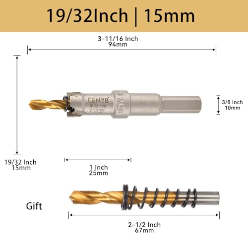 19/32"(15mm) Tungsten Carbide Tipped Hole Saw with 2Pcs Titanium-Plated Pilot Drill Bits for Hard Metal,Stainless Steel,Iron,Aluminum Alloy,Wood and Plastic - size: 15mm | 19/32"