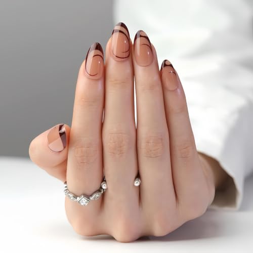Nude Almond Press on Nails Medium Short, French Fake Nails with Unique Elegant Shaped Burgundy French Tip Design, Glossy Finish Acrylic Nails, Natural Reusable Glue on Nails - color: 29-French Allure