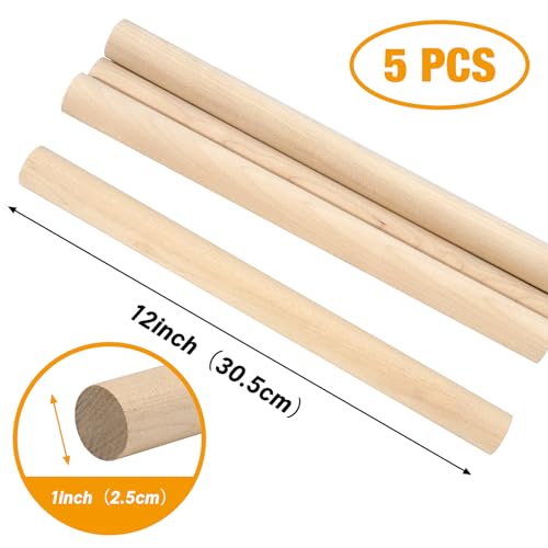 Wooden Dowel Rods Wood Dowels for Crafting 1 x 12 Inch, 5 PCS Round Wooden Sticks for Crafts Thick Macrame Sticks, Unfinished Birch Hardwood Sticks for Wands, Curtain Rods, Rhythm Sticks - size: 1"×12"-5 PCS