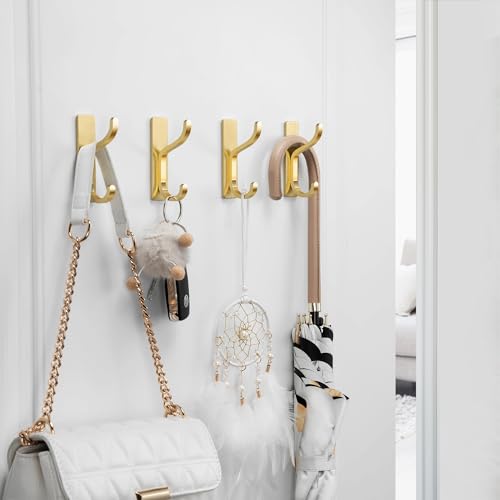 Adhesive Wall Hooks for Towel/Coat,13Lb Strong Stick-On Hooks, Gold 6 Pack - color: Gold, size: 6 Pack