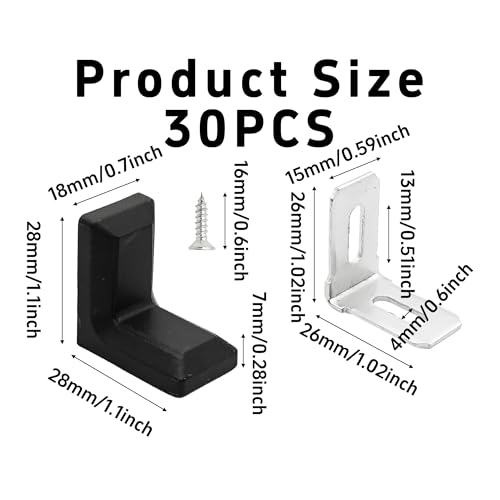 30PCS 90 Degree L Shape Metal Corner Brackets Black Plastic Cover Right Angle Brace for Shelf Cabinet Chair Furniture, 1.1x1.1x0.7 with Screws - size: Black