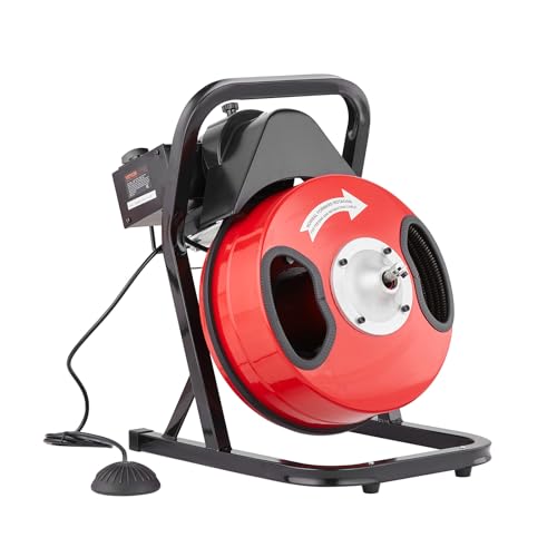 VEVOR Drain Cleaner Machine 50FT x 1/2 Inch, Manual Feed Sewer Snake Auger - with 4 Cutters & Air-activated Foot Switch for 2" to 4" Pipes - style: 50 FT x 1/2''
