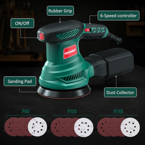 HYCHIKA 5-Inch Orbital Sander with Upgraded Vacuum Dust Collector, 300W Motor 6000-13000 OPM 6 Variable Speeds with10 Pcs Sandpapers for Furnitur, Refinishing & DIY