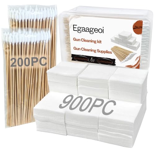 Egaageoi Gun Cleaning Patches and Pointed Swabs with Storage Box - Lint-Free Gun Cleaning Supplies for Shooting Practice, Range Match, Hunting Prep - Compatible with .22 to .45 Cal, 9mm, .30 Caliber - style: 900 Patches + 200 Swabs