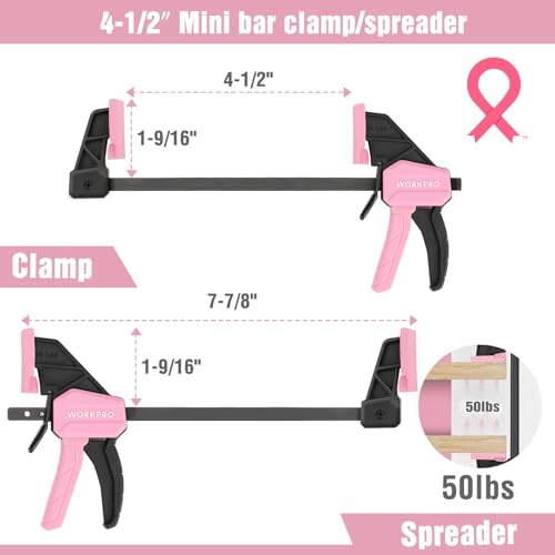 WORKPRO 4-Piece Mini Bar Clamps, 6"(2) & 4-1/2"(2) Wood Clamps, Pink Ribbon - color: Pink, size: 2PC 6" and 2PC 4-1/2" Bar Clamps