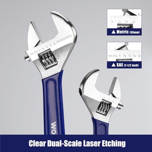 WORKPRO 4-Piece Wide Jaw Adjustable Wrench Set, 6"-12", Chrome Plated - color: Blue
