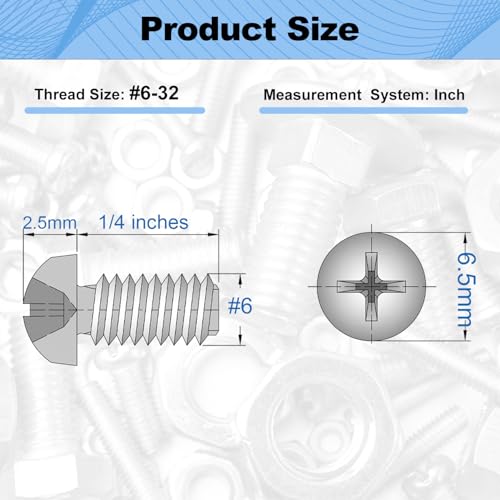 100Pcs #6-32x1/4 Machine Small Screws Pan Phillips Cross for Belt Repairs - size: #6-32x6.35mm