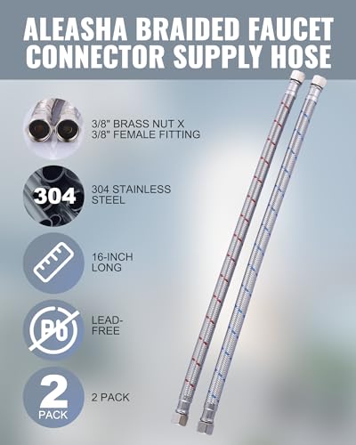 ALEASHA Faucet Supply Lines,16 Inch Bathroom Kitchen Faucet Connector 3/8" to 3/8" Female Compression Thread Stainless Steel Braided Faucet Hose Extension Water Supply Line,2Pcs - size: 16 Inch