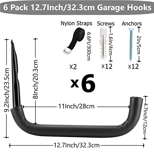 6 Pack Garage Storage Hooks Heavy Duty, 12.7Inch Wall Mount Storage Utility Hanger - size: 9.2inch x 12.7inch