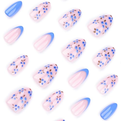 Summer Fall Press On Nails Short Almond, Nude and Blue Fake Nails Featuring Blue Floral Accents, Glossy Finish Acrylic Nails, Thick Reusable Glue On Nails for Women, 24Pcs - color: 41-Blue Petal