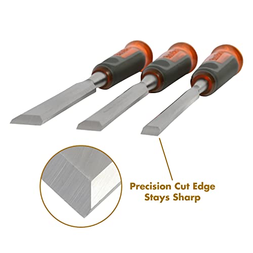 Buck Bros. 74830 3-Pc Wood Chisel Set, Full Tang Wood Chisel Sets, Woodworking Tools for Carpentry, Trim, and DIY Projects, Beveled Edge Chisels, Hardened Steel Blades, Non-Slip Handles - size: 1/2", 3/4", and 1"