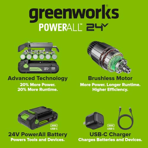 GREENWORKS 24V 1/2" Brushless Cordless Drill (400 In-lbs.), 2.0Ah (12,000mAh Power Bank) USB-C Batteries, 3.3 FT Braided Cable, 30W Charger - size: 400 in-lbs Drill Driver