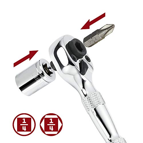 Powerbuilt Stubby Ratchet, Mini 1/4 Inch Ratchet Wrench, Reversible 72 Tooth, Tight Spaces, Quick Release - 940478 - style: 1/4" Dual Head