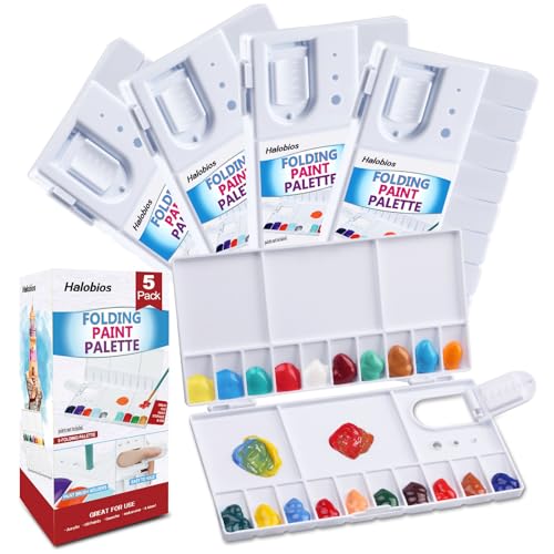 5 Pack Watercolor Palette, Halobios Paint Palette with 20-Well and 5 Mixing Areas, Folding Paint Tray with Lid, Plastic Painting Palette for Children Beginners Artists - size: 5 PACK