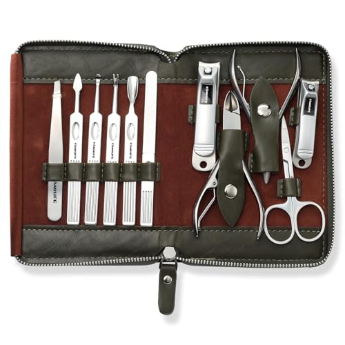FAMILIFE Stainless Steel Manicure Set 11-in-1 Professional Nail Clipper Kit | Portable Leather Travel Case, Pedicure & Grooming Tools for Fingernails & Toenails, Luxury Gifts Set for Men & Women, Green - color: Dark Green