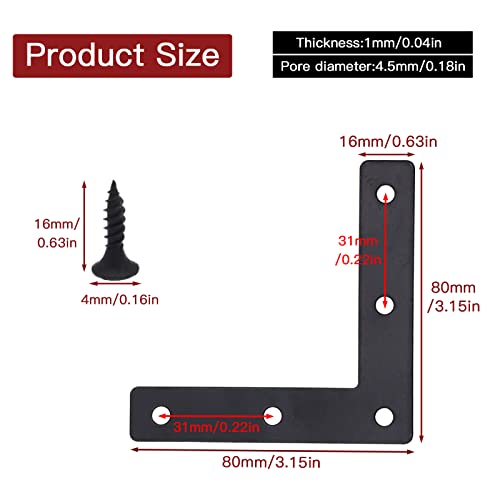20-Pack Steel Flat Mending Plate Corner Brace 3.15x3.15in for Wood - size: Black 80x80 mm