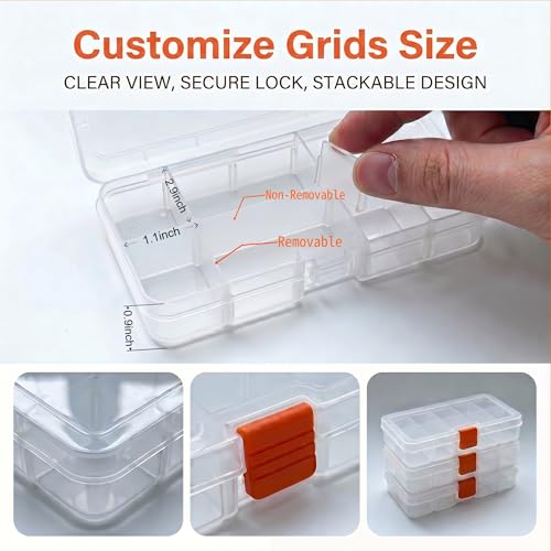 10 Grids Bead Organizer with Adjustable Dividers, 1.10"x1.29" Each Grid, Plus 3 Mini Storage Box for Jewelry, Fishing Hooks, Art Craft, Office Supplies - color: Clear-S