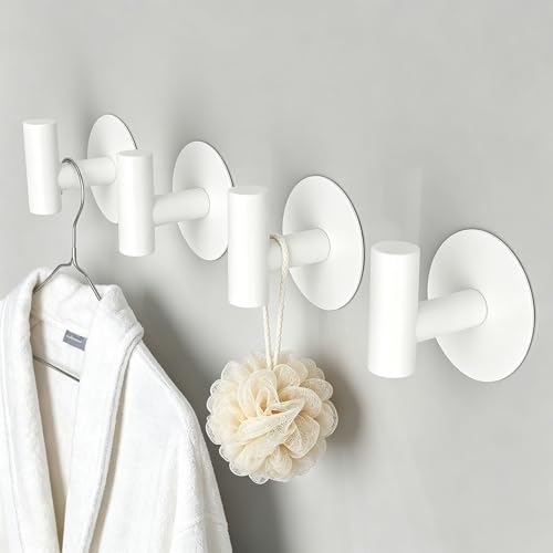Heavy Duty Towel Hooks, Stainless Steel White Adhesive Hooks for Coat, Bags, Towels, Robes, Hats, Aprons – No Drill Bathroom, Kitchen, Hotel Wall Hooks (4 Pack) - color: White, size: Adhesive "T" Shape- 4 Pack