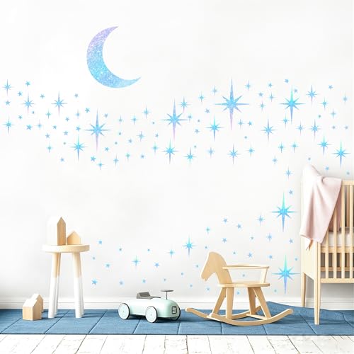 Retro Star Moon Wall Decals Sparkle Art Stickers Mid Century Modern Decor - color: Blue Star and Moon