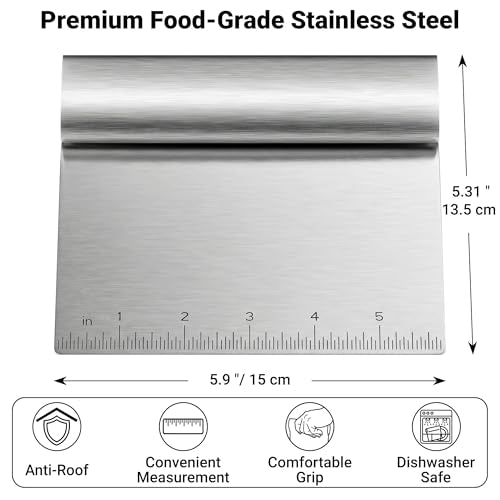 Bench Scraper Kitchen & Dough Scraper Tool - Stainless Steel Multi-Purpose Scraper & Chopper with Laser-Etched Metric Scale - Heavy Duty Pastry Cutter & Griddle Tool for Bread, Pizza & Baking