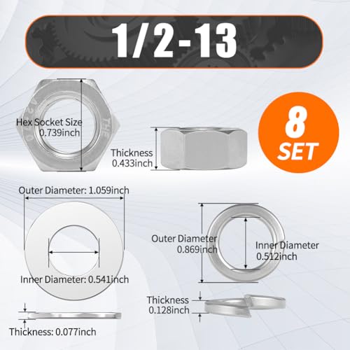 #1/2-13 Nuts and Washers Assortment Kit, Hex Nut Spring Washer Flat Washer | 24pcs 304 Stainless Steel Assorted Washers with Nuts for Screws Bolts, SAE - color: steel gray, size: SAE 1/2-13