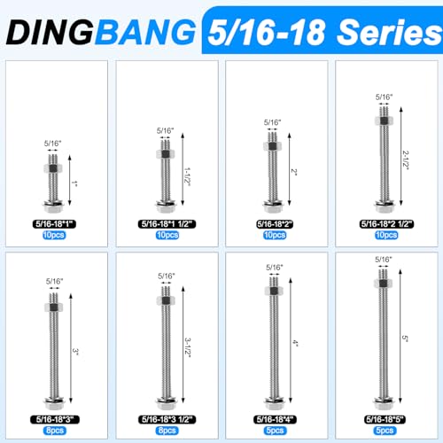 (5 Sets) 5/16-18x5 Hex Head Screw Bolt, Nuts, Flat & Lock Washers Kits,304 Stainless Steel 18-8 Hex Bolts and Nuts and Washers Assortment Kit,Fully Threaded by DINGBANG - size: 5/16-18x5