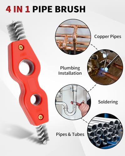 4-in-1 Copper Pipe Cleaner, Fits 1/2", 5/8", 3/4" & 7/8" Pipes, Stainless Steel Inner & Outer Thread Brush for Plumbing, Brazing, Soldering (Red) - color: Red