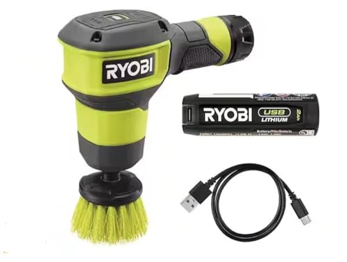 RYOBI USB Lithium Compact Scrubber Kit with 2.0 Ah Battery, USB Charging Cord, and 2 in. Medium Bristle Brush, Green