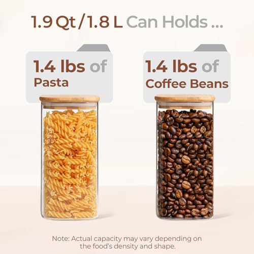 ComSaf Glass Storage Containers with Lids 1.9 Qt, Set of 3 Food Storage Jar | Pantry Storage Containers, Glass Jar, Square Canisters, Bamboo Lid with Silicone Seal, Cookie, Cereal, Coffee, Oats, BPA Free - size: 1.9Qt*3