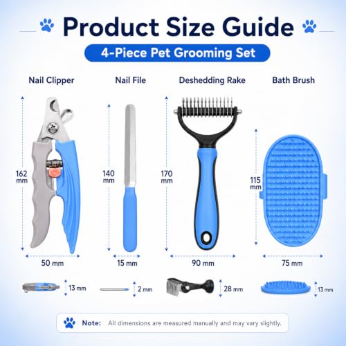 4-Piece Pet Grooming Kit with Rake, Nail Clippers and Bath Brush - color: Blue-4 CPS